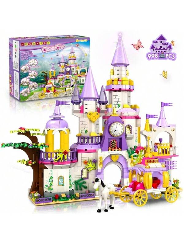 5-In-1 Purple Castle & Carriage Creative STEM Building Blocks Sets Girls Princess Castle Building Toys Gift For Girls Age 6 7 8 9 10 11 12 Years Old Color Block Color Blocks Purple