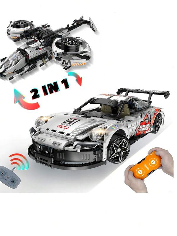 Sports Car Building Kit, 2 In 1 Super Car Airplane Building Blocks, 1:10 Scale Technic Racing Model Toys With Remote Control/LED Light/Real Engine Sound For Toys Gifts(1861pcs) Room Decoration White